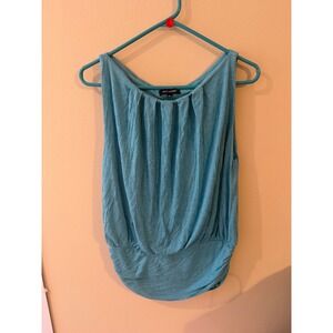 Max Edition Women Pleated Neck Bubble Hem Sleeveless Blouse Turquoise Blue Large